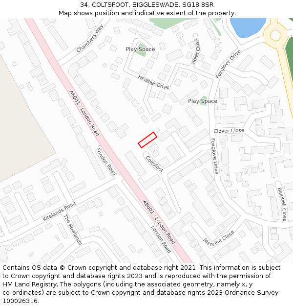 34, COLTSFOOT, BIGGLESWADE, SG18 8SR: Location map and indicative extent of plot