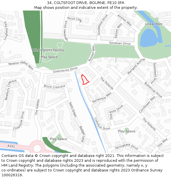 34, COLTSFOOT DRIVE, BOURNE, PE10 0FA: Location map and indicative extent of plot