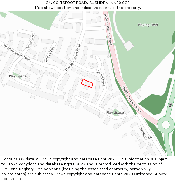 34, COLTSFOOT ROAD, RUSHDEN, NN10 0GE: Location map and indicative extent of plot