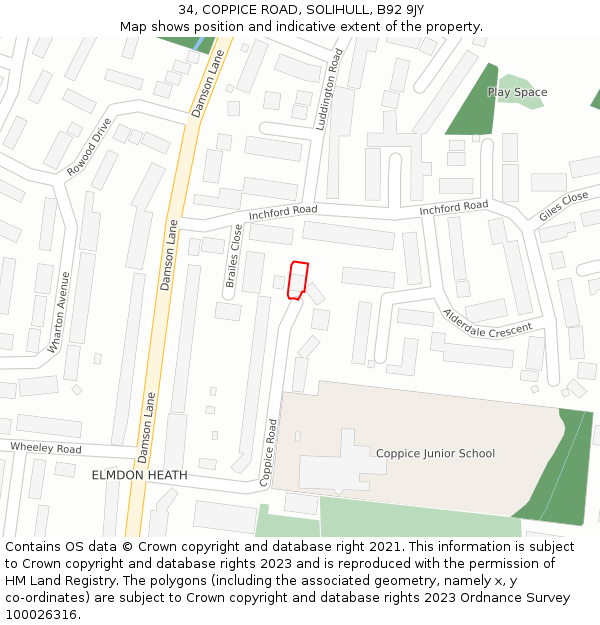 34, COPPICE ROAD, SOLIHULL, B92 9JY: Location map and indicative extent of plot