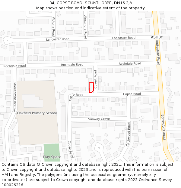 34, COPSE ROAD, SCUNTHORPE, DN16 3JA: Location map and indicative extent of plot