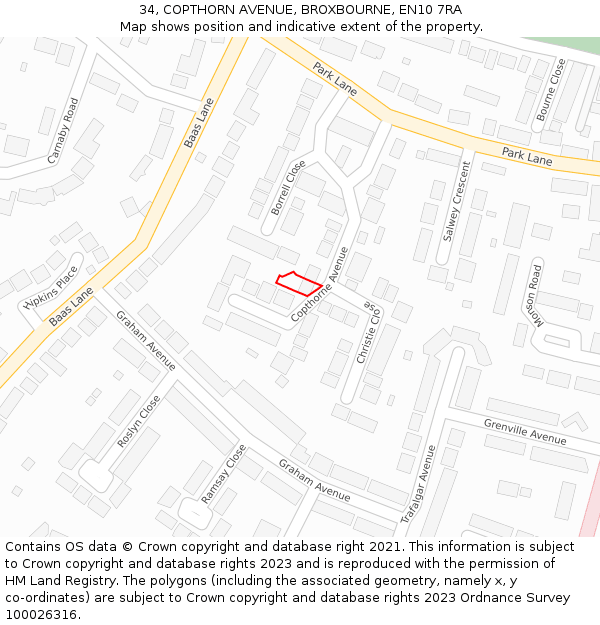 34, COPTHORN AVENUE, BROXBOURNE, EN10 7RA: Location map and indicative extent of plot