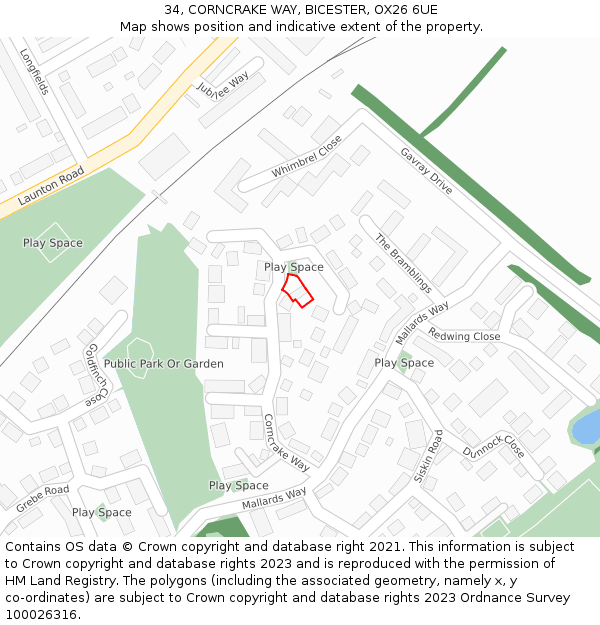 34, CORNCRAKE WAY, BICESTER, OX26 6UE: Location map and indicative extent of plot