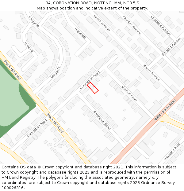 34, CORONATION ROAD, NOTTINGHAM, NG3 5JS: Location map and indicative extent of plot