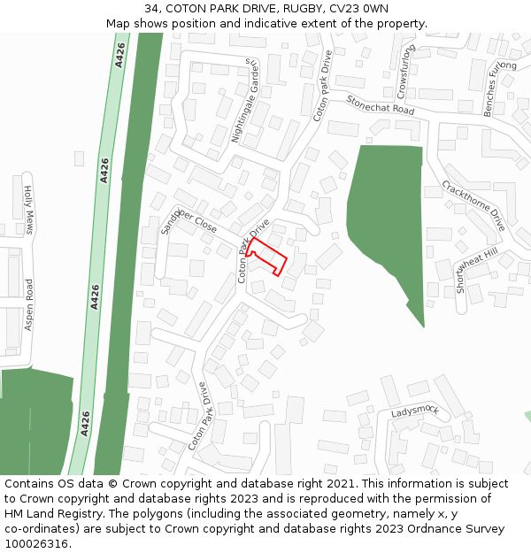 34, COTON PARK DRIVE, RUGBY, CV23 0WN: Location map and indicative extent of plot