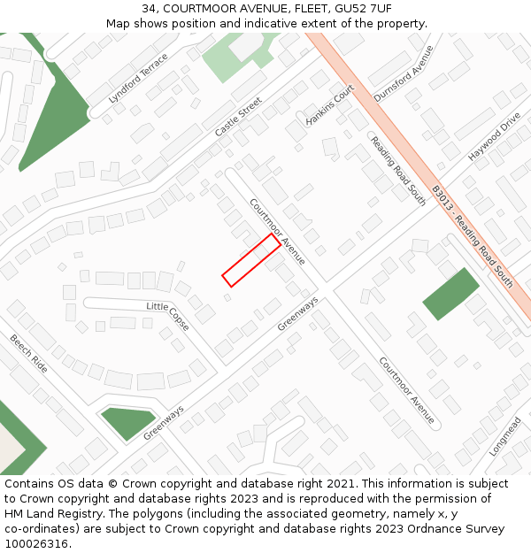 34, COURTMOOR AVENUE, FLEET, GU52 7UF: Location map and indicative extent of plot