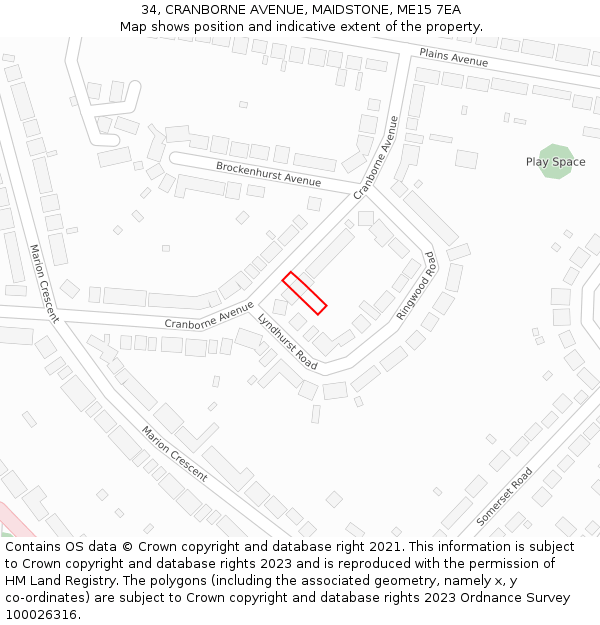 34, CRANBORNE AVENUE, MAIDSTONE, ME15 7EA: Location map and indicative extent of plot