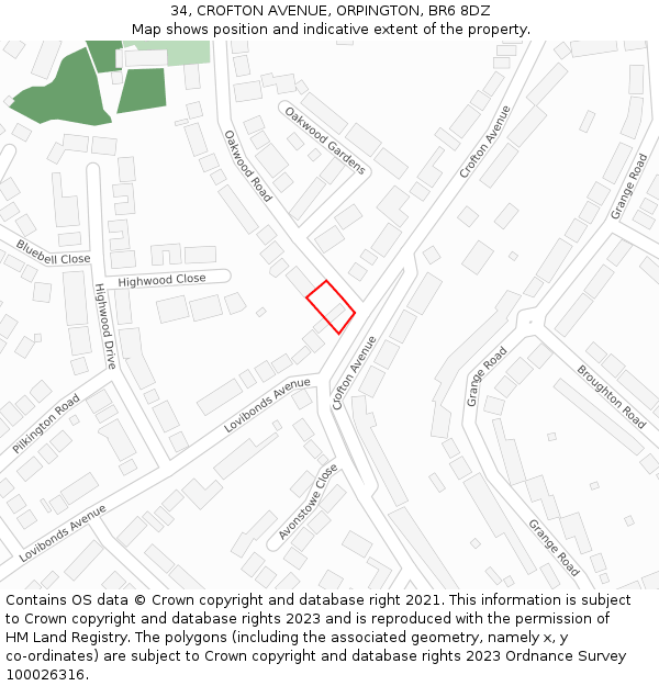 34, CROFTON AVENUE, ORPINGTON, BR6 8DZ: Location map and indicative extent of plot