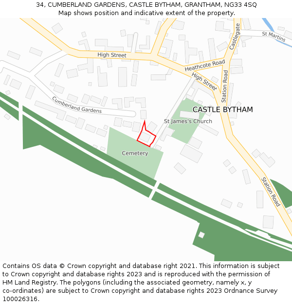 34, CUMBERLAND GARDENS, CASTLE BYTHAM, GRANTHAM, NG33 4SQ: Location map and indicative extent of plot