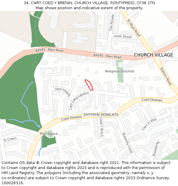 34, CWRT COED Y BRENIN, CHURCH VILLAGE, PONTYPRIDD, CF38 1TN: Location map and indicative extent of plot