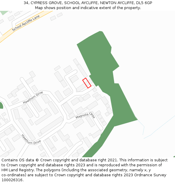 34, CYPRESS GROVE, SCHOOL AYCLIFFE, NEWTON AYCLIFFE, DL5 6GP: Location map and indicative extent of plot