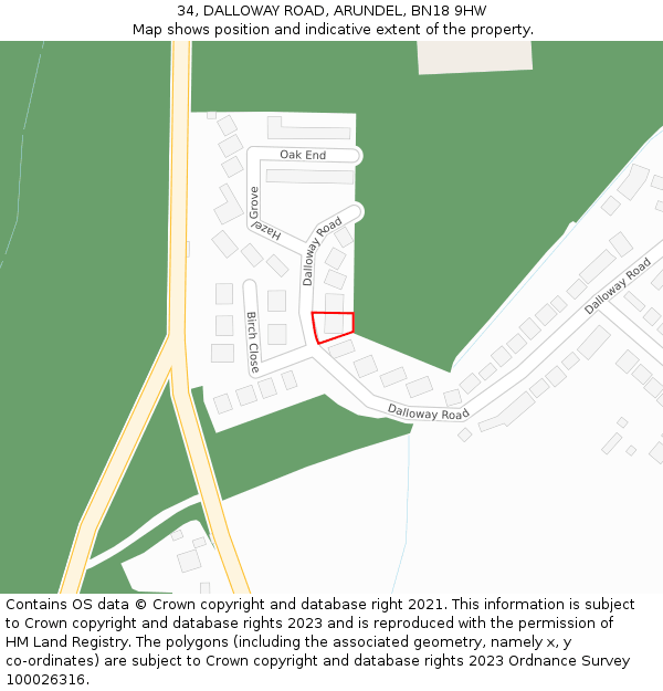 34, DALLOWAY ROAD, ARUNDEL, BN18 9HW: Location map and indicative extent of plot