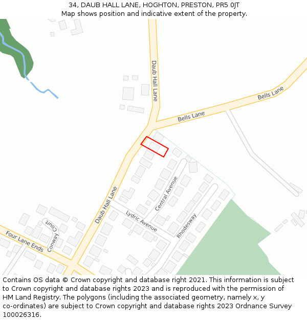 34, DAUB HALL LANE, HOGHTON, PRESTON, PR5 0JT: Location map and indicative extent of plot