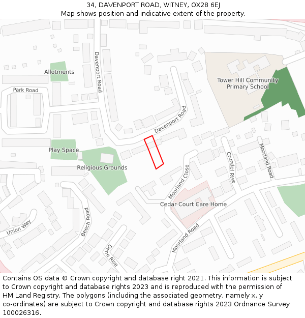 34, DAVENPORT ROAD, WITNEY, OX28 6EJ: Location map and indicative extent of plot