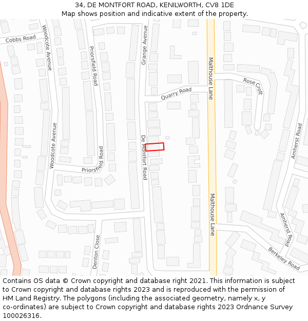 34, DE MONTFORT ROAD, KENILWORTH, CV8 1DE: Location map and indicative extent of plot