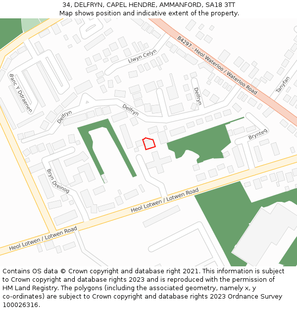 34, DELFRYN, CAPEL HENDRE, AMMANFORD, SA18 3TT: Location map and indicative extent of plot