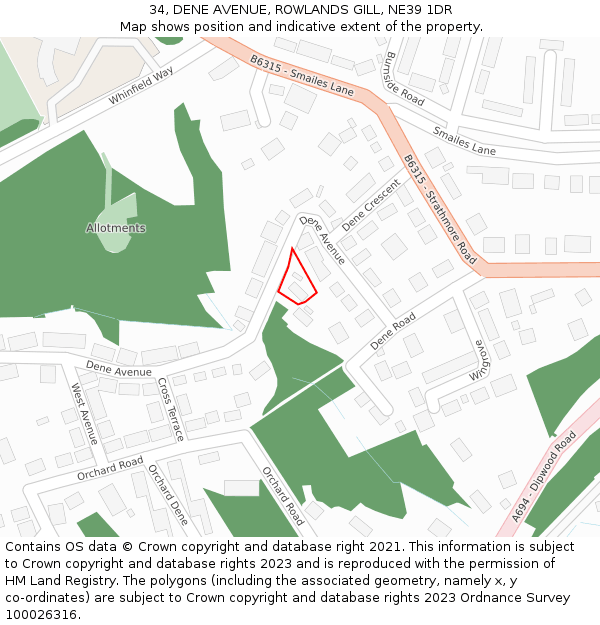 34, DENE AVENUE, ROWLANDS GILL, NE39 1DR: Location map and indicative extent of plot