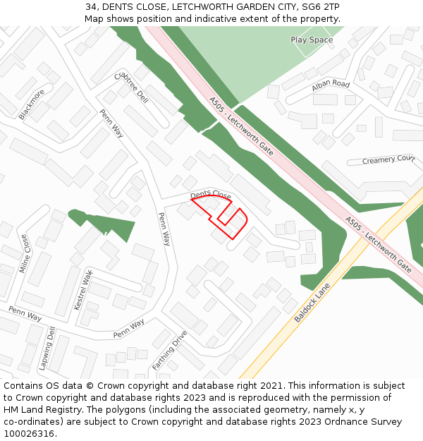 34, DENTS CLOSE, LETCHWORTH GARDEN CITY, SG6 2TP: Location map and indicative extent of plot