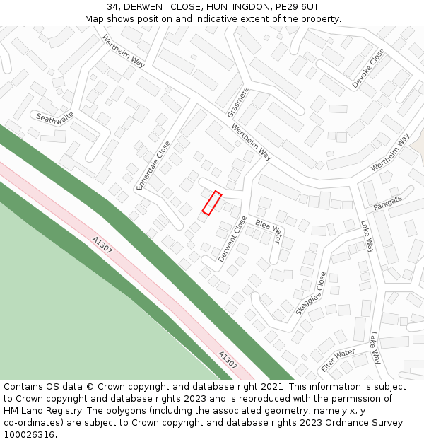 34, DERWENT CLOSE, HUNTINGDON, PE29 6UT: Location map and indicative extent of plot