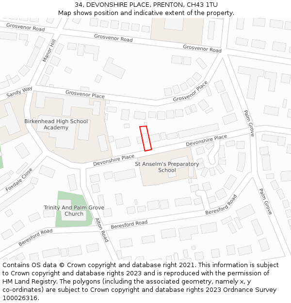 34, DEVONSHIRE PLACE, PRENTON, CH43 1TU: Location map and indicative extent of plot