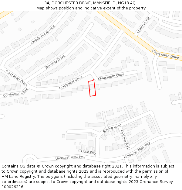 34, DORCHESTER DRIVE, MANSFIELD, NG18 4QH: Location map and indicative extent of plot
