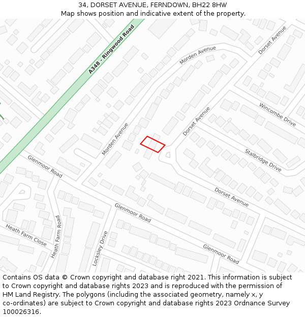 34, DORSET AVENUE, FERNDOWN, BH22 8HW: Location map and indicative extent of plot
