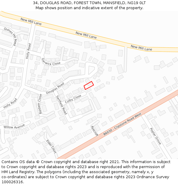 34, DOUGLAS ROAD, FOREST TOWN, MANSFIELD, NG19 0LT: Location map and indicative extent of plot
