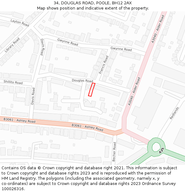 34, DOUGLAS ROAD, POOLE, BH12 2AX: Location map and indicative extent of plot