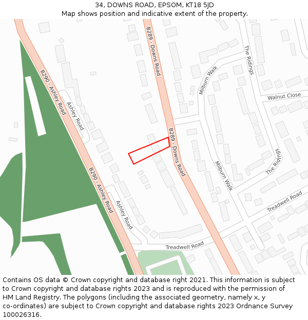 34, DOWNS ROAD, EPSOM, KT18 5JD: Location map and indicative extent of plot