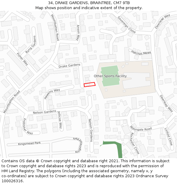 34, DRAKE GARDENS, BRAINTREE, CM7 9TB: Location map and indicative extent of plot