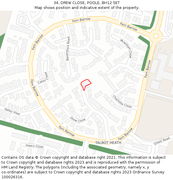 34, DREW CLOSE, POOLE, BH12 5ET: Location map and indicative extent of plot