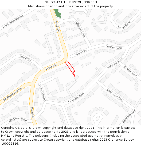 34, DRUID HILL, BRISTOL, BS9 1EN: Location map and indicative extent of plot