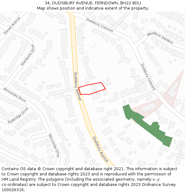 34, DUDSBURY AVENUE, FERNDOWN, BH22 8DU: Location map and indicative extent of plot