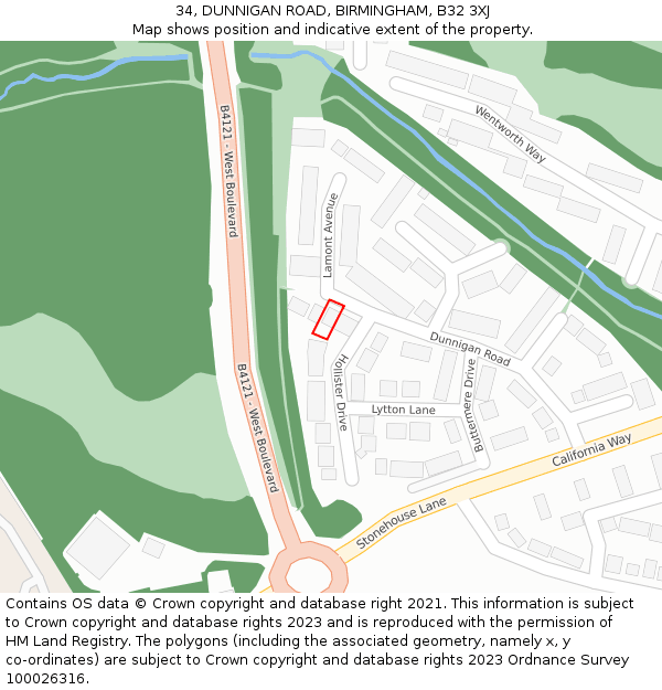 34, DUNNIGAN ROAD, BIRMINGHAM, B32 3XJ: Location map and indicative extent of plot