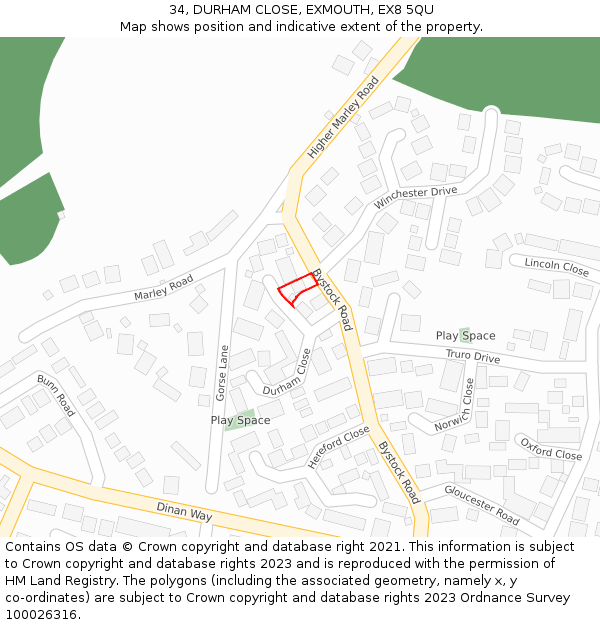 34, DURHAM CLOSE, EXMOUTH, EX8 5QU: Location map and indicative extent of plot