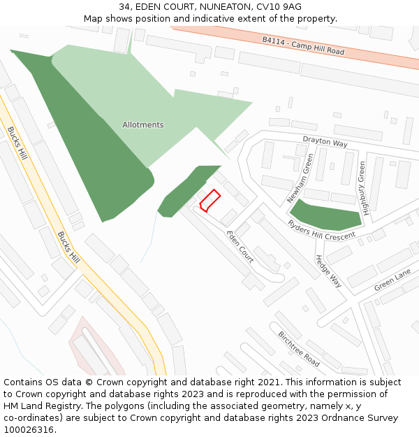 34, EDEN COURT, NUNEATON, CV10 9AG: Location map and indicative extent of plot