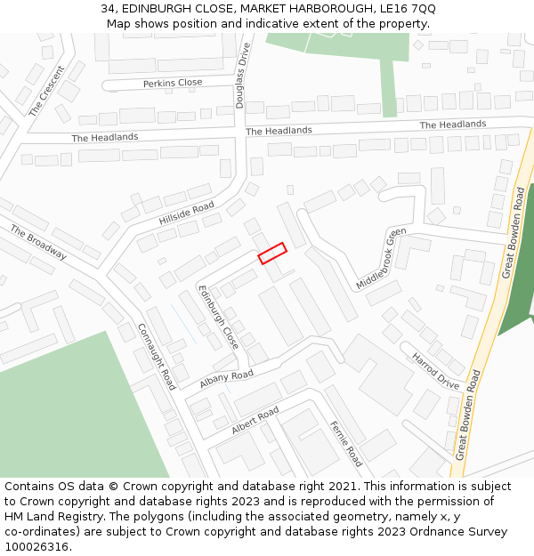 34, EDINBURGH CLOSE, MARKET HARBOROUGH, LE16 7QQ: Location map and indicative extent of plot