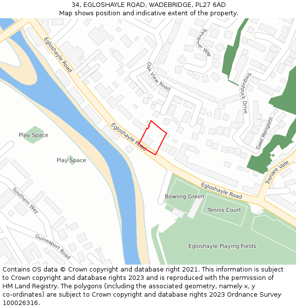 34, EGLOSHAYLE ROAD, WADEBRIDGE, PL27 6AD: Location map and indicative extent of plot