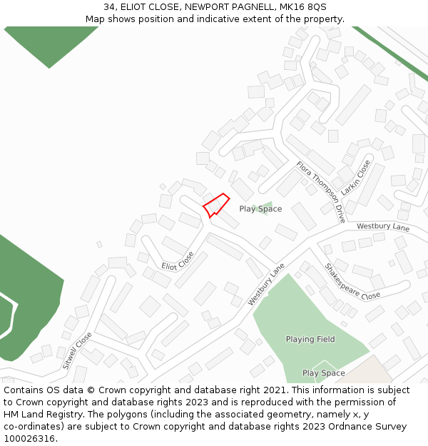 34, ELIOT CLOSE, NEWPORT PAGNELL, MK16 8QS: Location map and indicative extent of plot