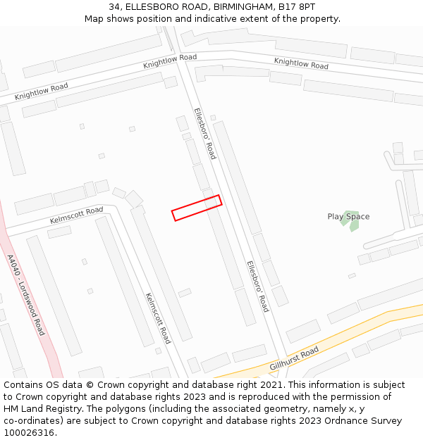 34, ELLESBORO ROAD, BIRMINGHAM, B17 8PT: Location map and indicative extent of plot