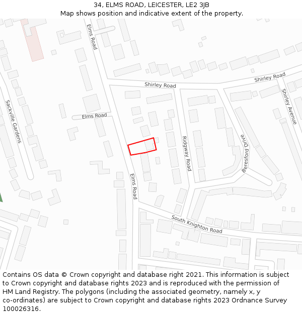 34, ELMS ROAD, LEICESTER, LE2 3JB: Location map and indicative extent of plot