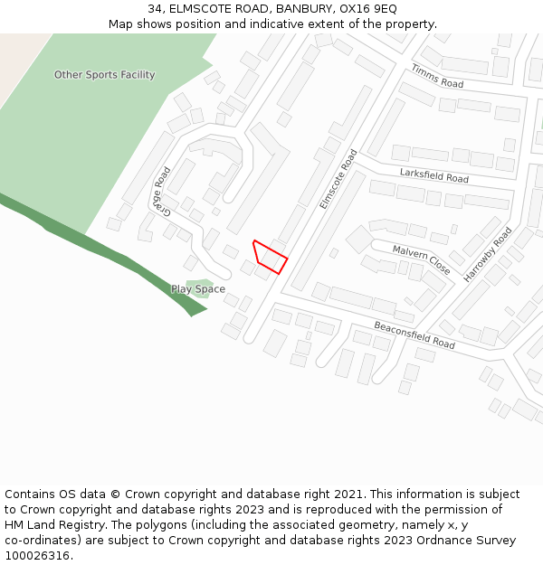 34, ELMSCOTE ROAD, BANBURY, OX16 9EQ: Location map and indicative extent of plot