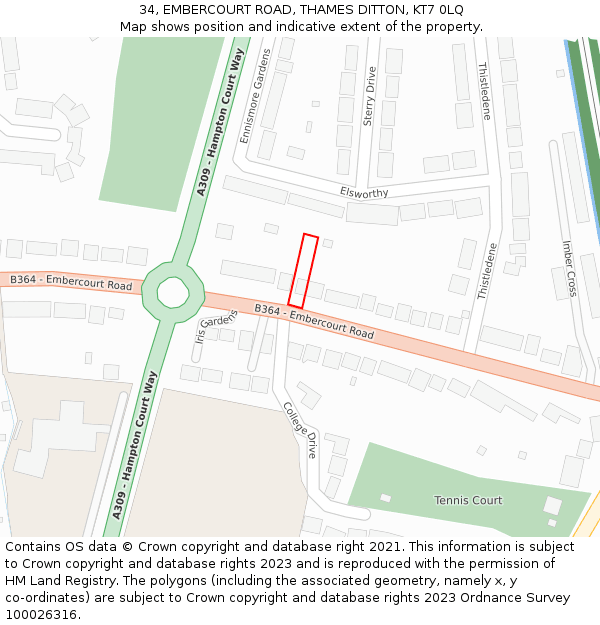 34, EMBERCOURT ROAD, THAMES DITTON, KT7 0LQ: Location map and indicative extent of plot