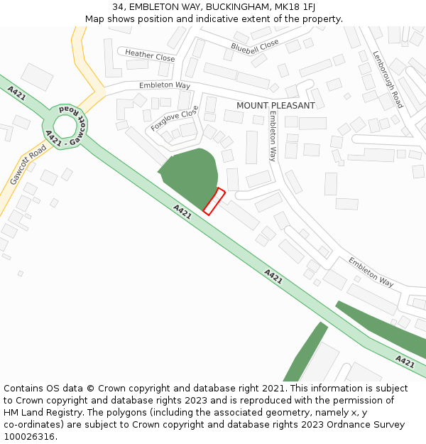 34, EMBLETON WAY, BUCKINGHAM, MK18 1FJ: Location map and indicative extent of plot