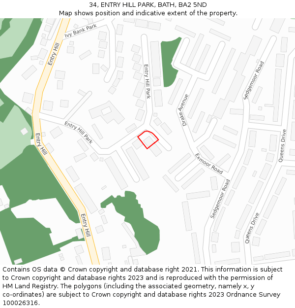 34, ENTRY HILL PARK, BATH, BA2 5ND: Location map and indicative extent of plot