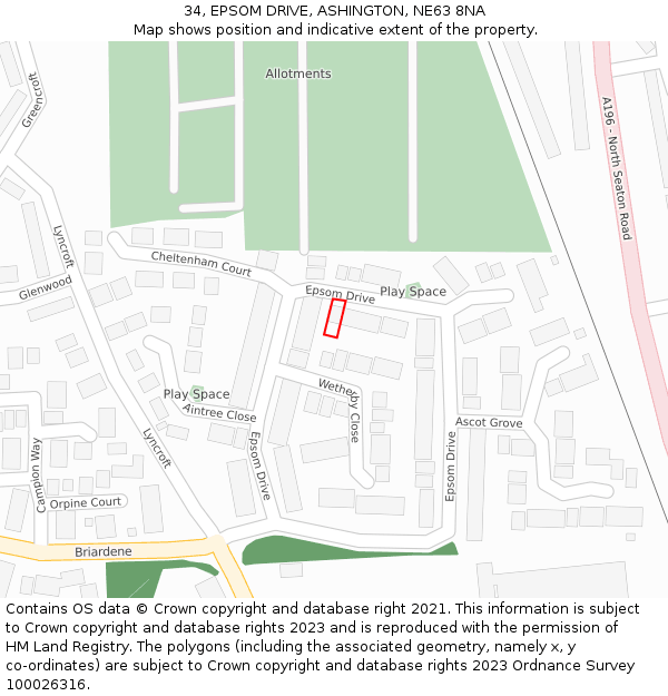 34, EPSOM DRIVE, ASHINGTON, NE63 8NA: Location map and indicative extent of plot