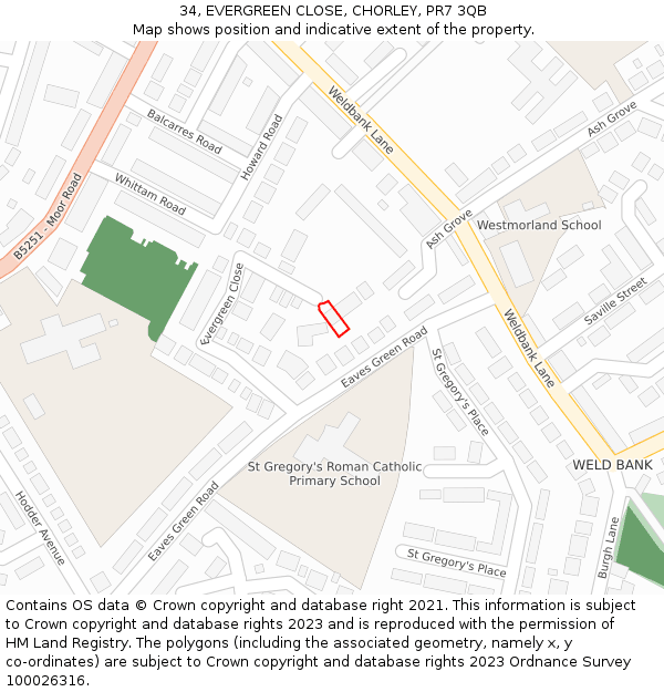 34, EVERGREEN CLOSE, CHORLEY, PR7 3QB: Location map and indicative extent of plot