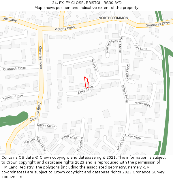 34, EXLEY CLOSE, BRISTOL, BS30 8YD: Location map and indicative extent of plot