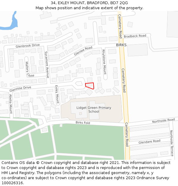 34, EXLEY MOUNT, BRADFORD, BD7 2QG: Location map and indicative extent of plot