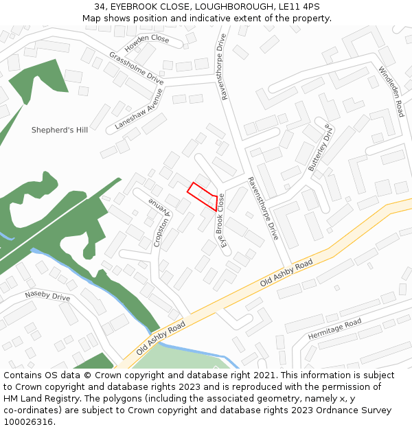 34, EYEBROOK CLOSE, LOUGHBOROUGH, LE11 4PS: Location map and indicative extent of plot